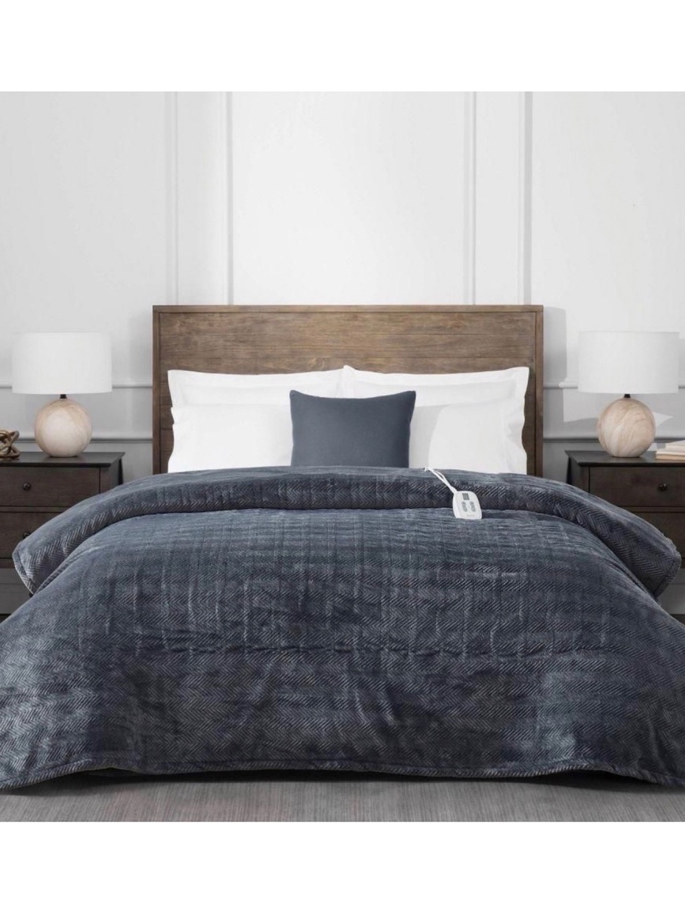 Brookstone Cozy Heated Plush Blanket - Twin Size - Gray Micro Herringbone